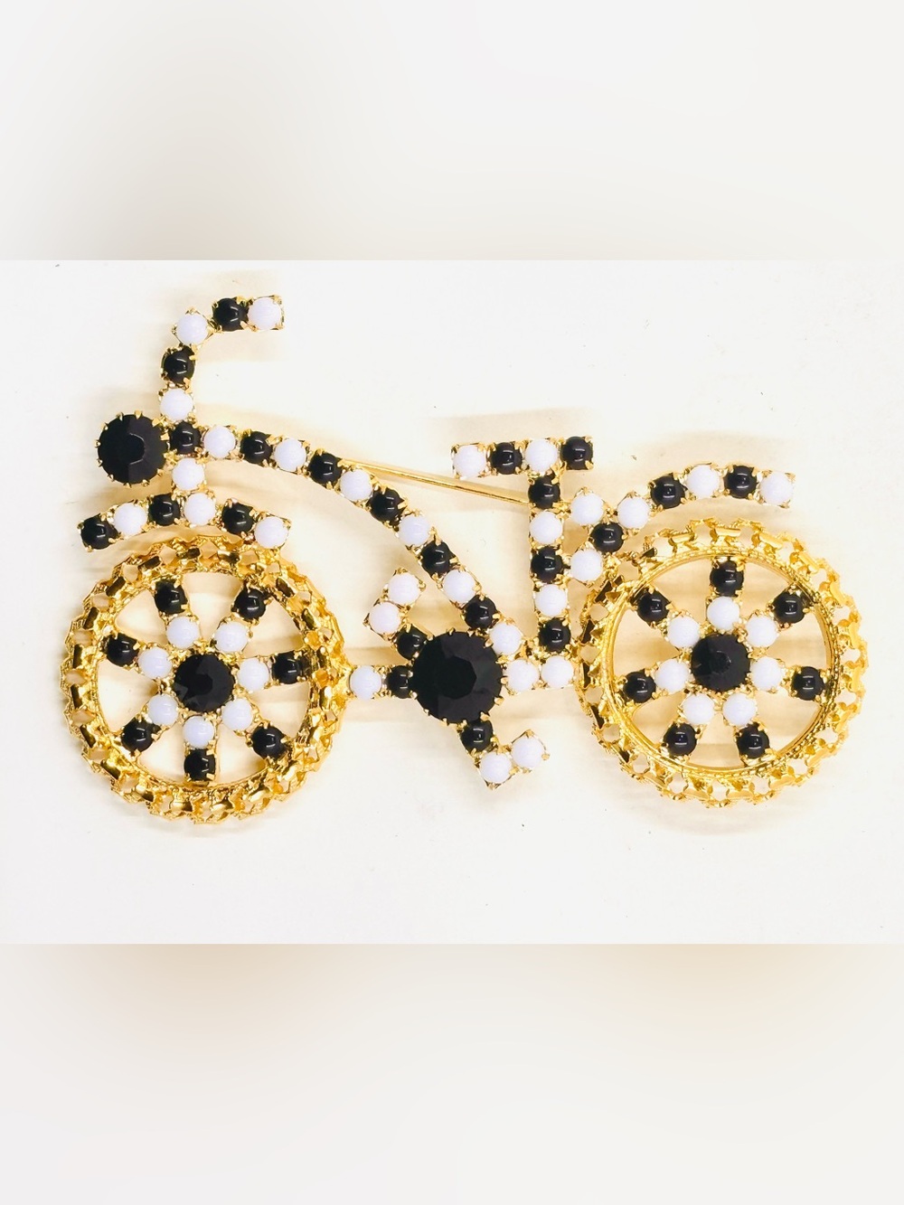 Vintage Gold Tone Black White SWAROVSKI Crystal Bicycle Brooch Large 4X2.5” NWOT